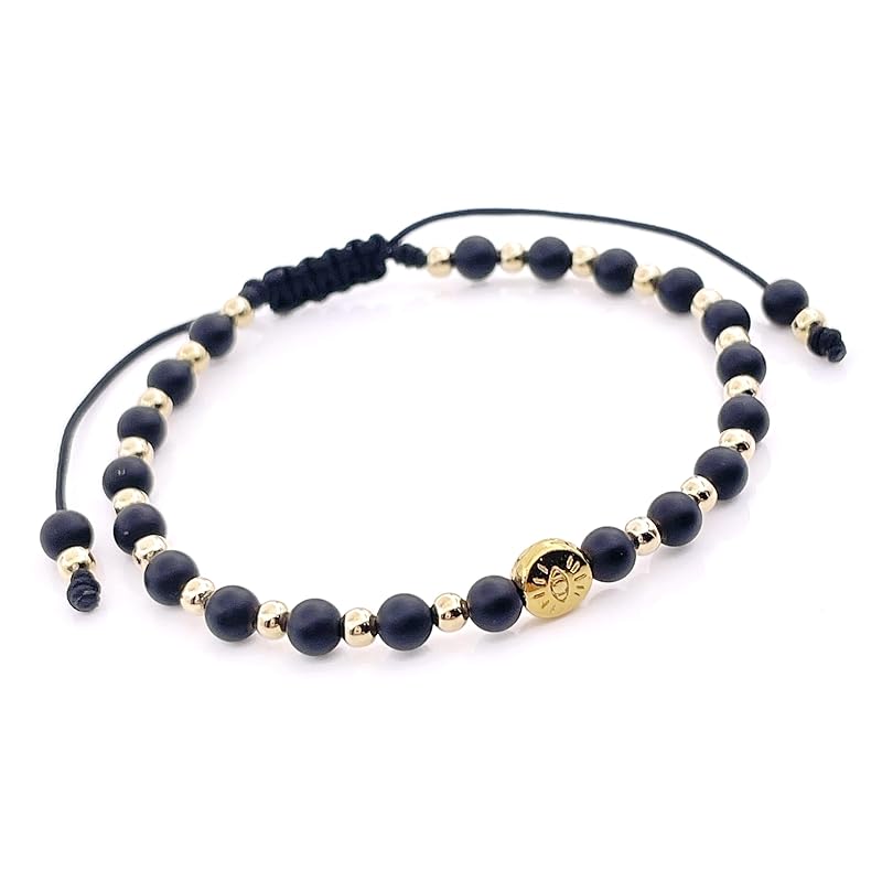 Lucky Evil Eye Natural Stone Beaded Adjustable Bracelet for Women (Black Onix)