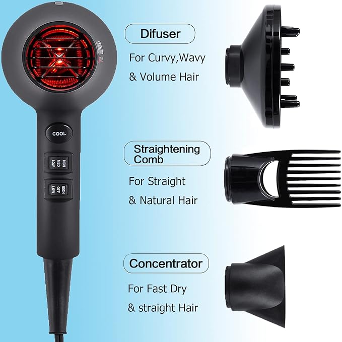 Infrared Hair Dryer, Professional Salon Negative Ionic Blow Dryers for Fast Drying, Pro Ion Quiet Hairdryer with Diffuser Concentrator Comb,Black