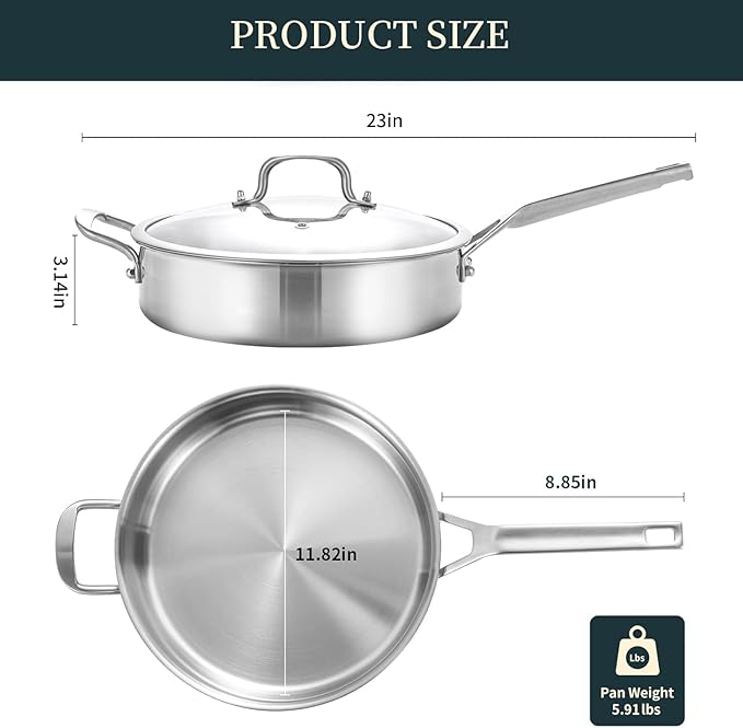 Tri-Ply Stainless Steel Saute Pan 6QT, 12 Inch Deep Frying Pan with Lids, 3-layer Saute Pan with Lid Large Skillet with Stay Cool Handle, Induction Pan, Dishwasher and Oven-Safe