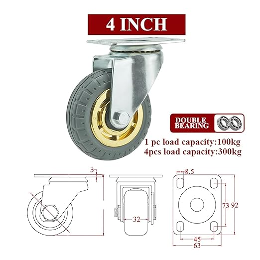 1PCS Casters Heavy Duty Furniture Rubber Swivel Mover Silent Shelves Wheelbarrow Trolley Hardware Transporter Tire Trolley(1pc Stem Brake Wheel,4 inch)