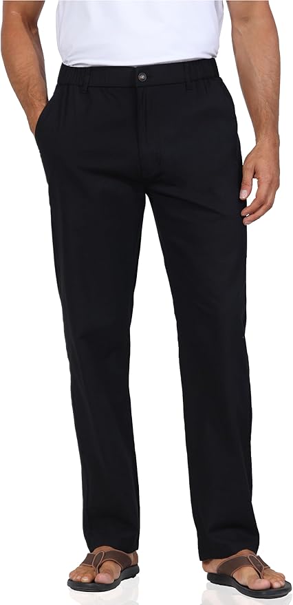 Soojun Men's Casual Linen Blend Relaxed Fit Straight Legs Elastic Waist Pants