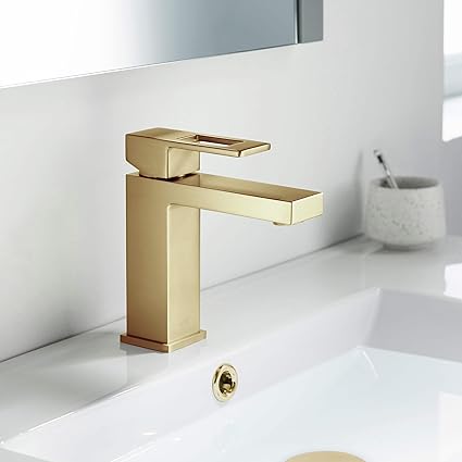 KIBI KBF1002 Solid Brass Single Handle Bathroom Sink Faucet High Arc Cubic Spout Lavatory Faucet in Brushed Gold Corrosion-Resistant, Modern Design, Easy to Install
