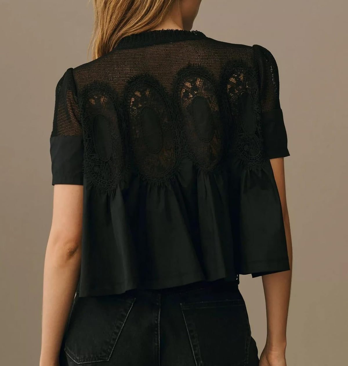 VAOYIU Women Lace-Detail Flared Blouse Short-Sleeve Crew Neck Lace Poplin Mesh Swing Top Elegant Loose Intricate Back Design