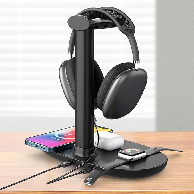 Wireless Charger Compatible,Detachable Design Headphone Stand,Stylish Appearance 4 in 1 Wireless Charger with Headphone Stand Headset Holder,for Mobile Phones Earphones Watches