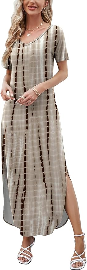 HUSKARY Women's Summer Maxi Dress Casual Loose Pockets Long Dress Short Sleeve Split Maxi Dresses