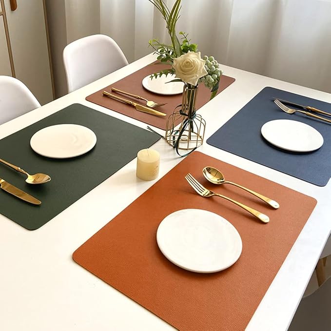Dark Green Place Mats Indoor Set of 4, Washable Wipeable Table Placemats, Waterproof Leather Table Mats Sets for Kitchen Dining (Dark Green4)