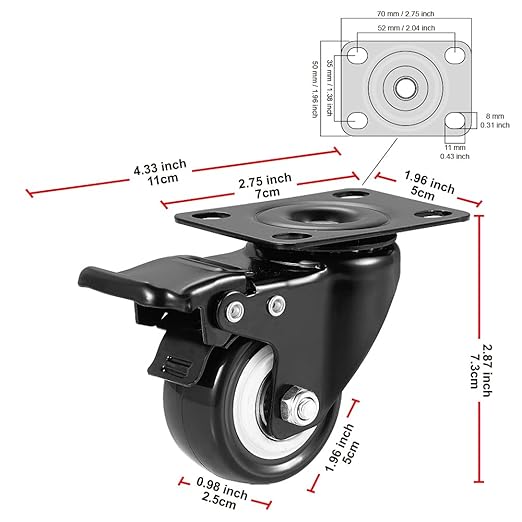 2" Caster Wheels, Heavy Duty Casters with Brake Set of 4, Locking Casters with 360 Degree No Noise Polyurethane (PU) Wheels, Swivel Plate Castors Pack of 4