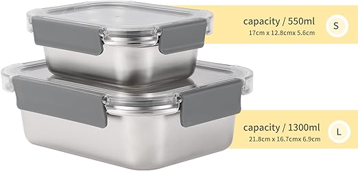 Set of 2 stainless steel food containers with lids, Airtight kimchi containers, Leakproof meal prep bento box, Dishwasher/Oven/Freezer safe