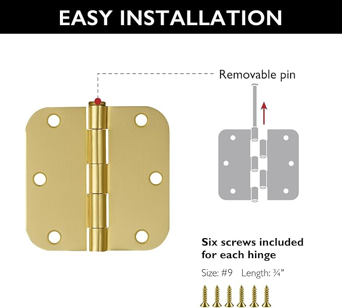 Door Hinges for Interior Doors 9-Pack 3.5-inch x 3.5-inch – Rounded 5/8-inch Radius Steel Door Hinge – Satin Brass – Fits Standard Doors – Design House 191130