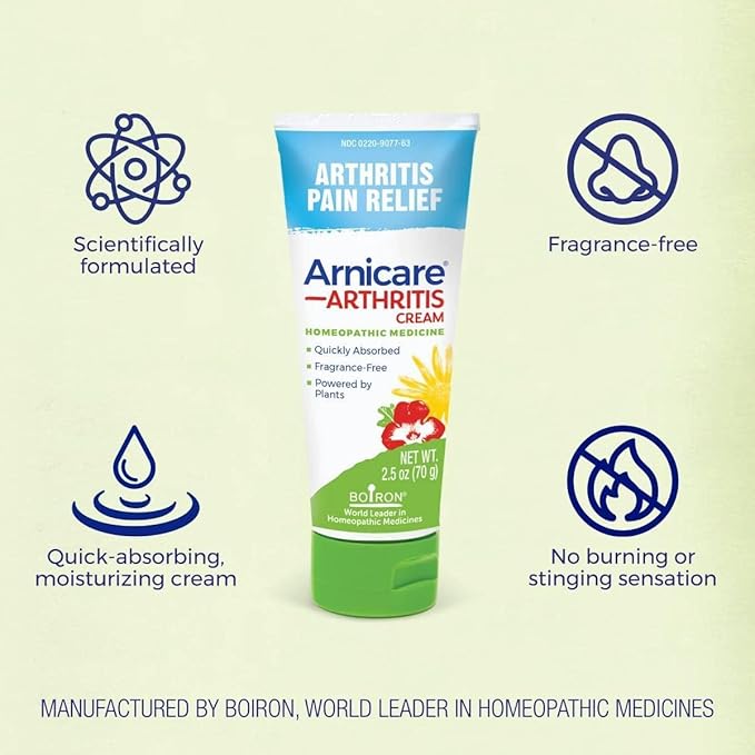 Boiron Arnicare Arthritis Cream for Pain Relief of Knees, Hands, Wrists, Elbows, Joints Muscles Quickly Absorbed Fragrance-Free 2.5 oz