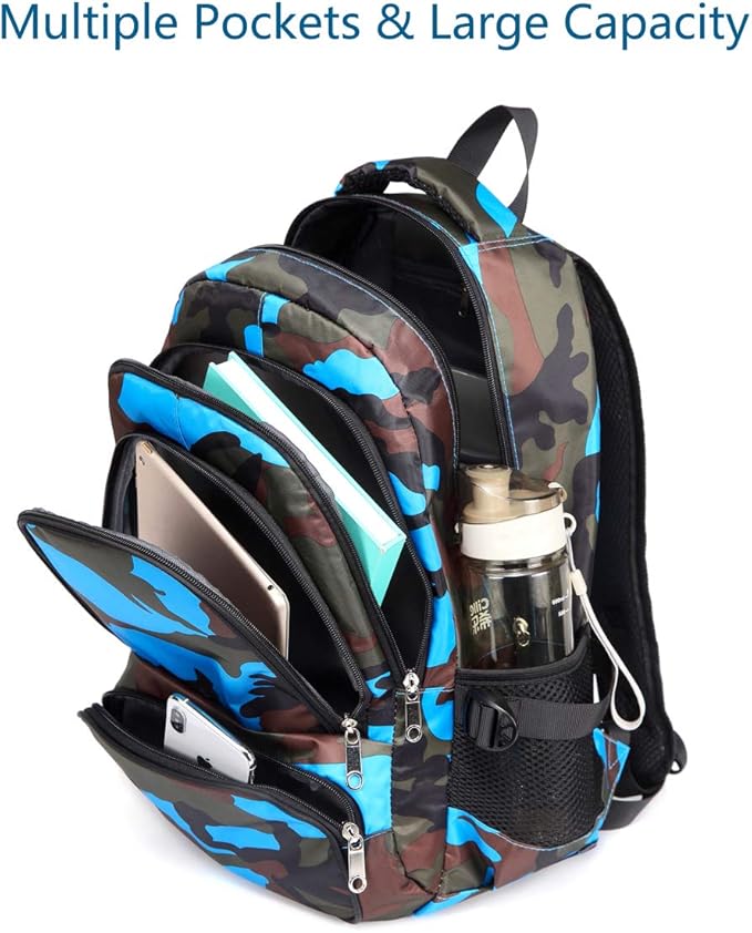 BLUEFAIRY School Backpack for Kids Boys Elementary Primary Middle School Bookbags Back to School Bags Gifts for Childs Mochila Escolares para Nios 17" Camo Blue