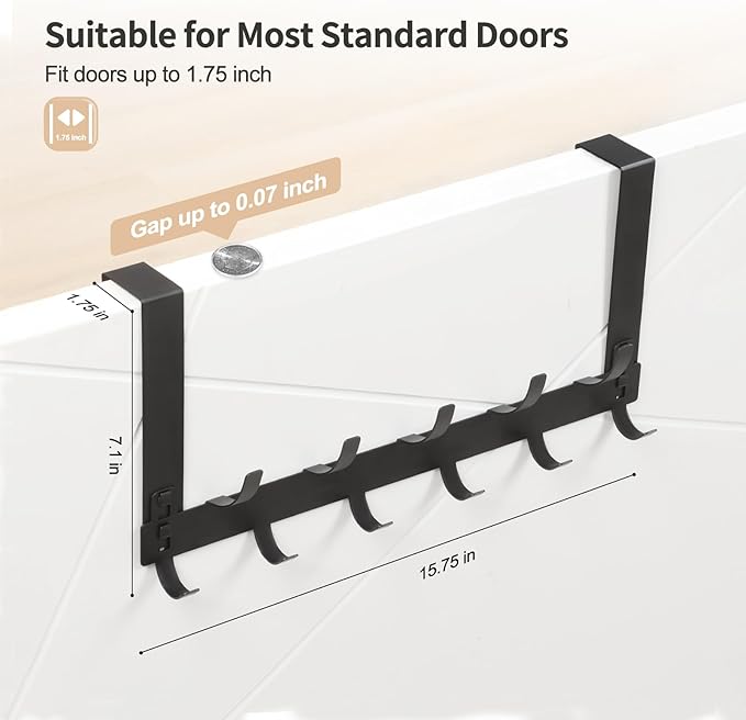 Over The Door Hooks - Black, Fits 1-34" Thick Door, Hanger for Clothes Towels