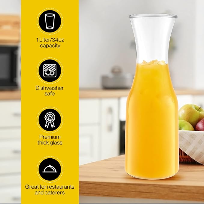1 Liter Glass Carafe - Elegant Wine Decanter and Drink Pitcher - Narrow Neck For Comfortable Grip, Wide Mouth For Easy Pouring - Great for Parties and Events Kitchen Lux