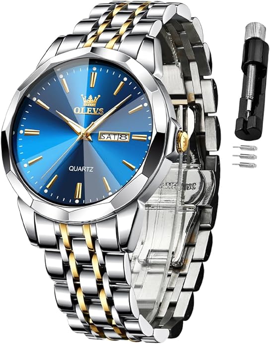 OLEVS Watch for Men Diamond Business Dress Analog Quartz Stainless Steel Waterproof Luminous Date Two Tone Luxury Casual Wrist Watch