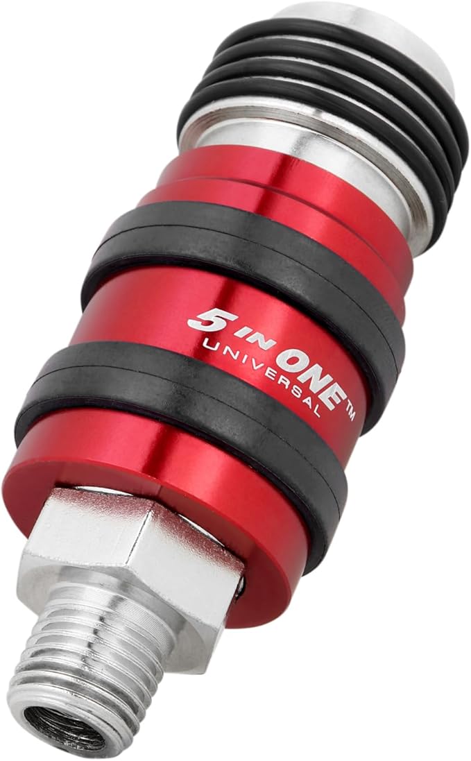 Milton 5 in ONETM Universal Safety Exhaust Quick-Connect Industrial Coupler 14" Male NPT, Accepts All Major Interchanges, Safely Disconnect and Eliminate Potentially Dangerous Hose Whip