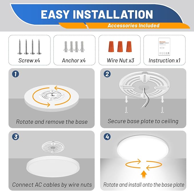 Allsmartlife Flush Mount Led Ceiling Light 2 Pack, 24W 2880lm,3000K4000K6500K, 12 inch Ceiling Light for Bedroom, Bathroom, Laundry Room, Kitchen