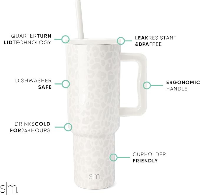 Simple Modern 40 oz Trek Tumbler with Handle and Straw Lid Cup Holder Friendly Insulated Stainless Steel Travel Mug Cream Leopard