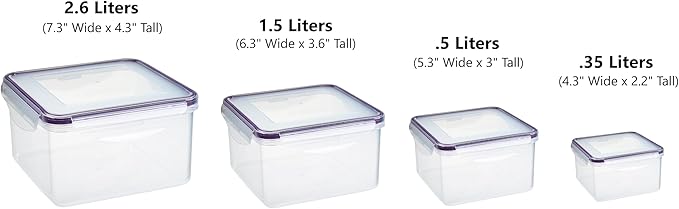 Set of 4 Square Nesting Food Storage Containers - Reusable, BPA Free Plastic, Snap Lock Lids With a Leakproof Silicone Seal. Great for Snacks, Soup, Fruit, Salad and Food Storage