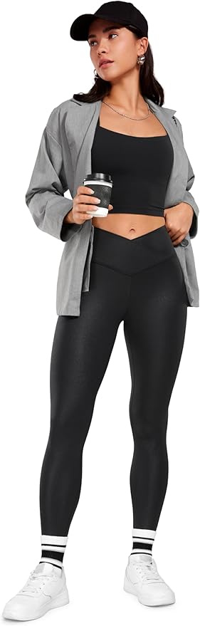 CRZ YOGA Womens Butterluxe Matte Faux Leather Cross Waist Leggings 25" - V Crossover High Waisted Lounge