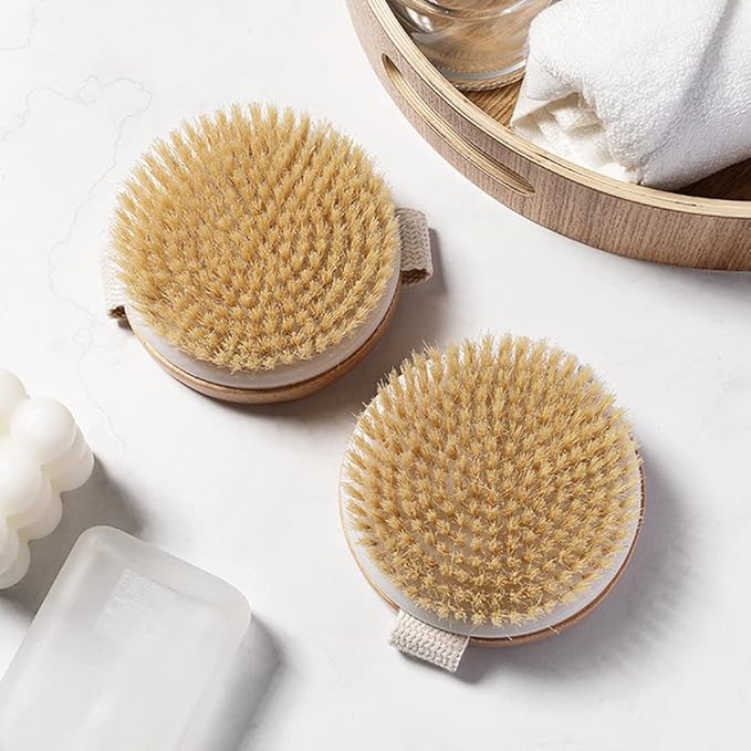 Round Wooden Natural Bristles Dry Bath Body Brush, Dia4.3Au Handheld Shower Brush Back Scrubber for Exfoliating, Cellulite and Detox, etc.