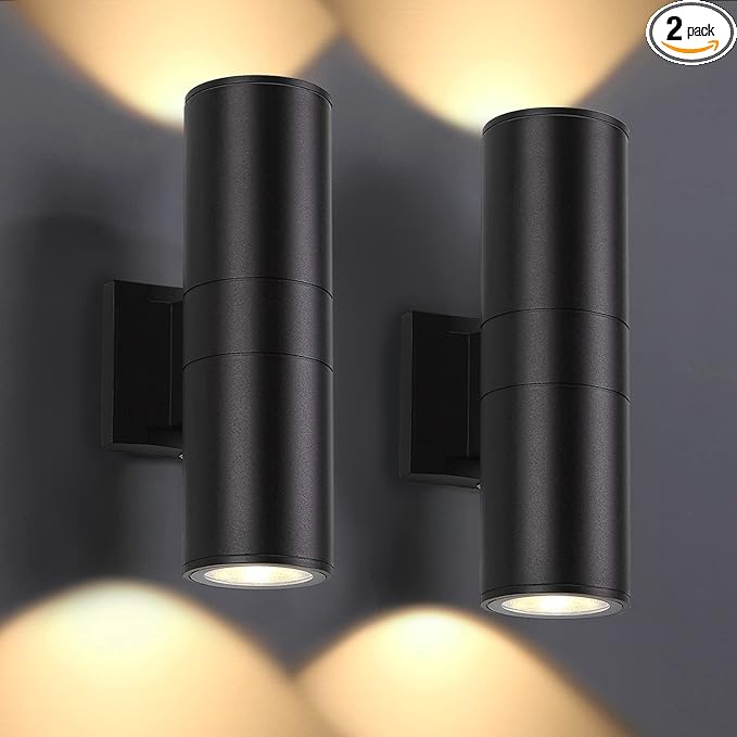 Outdoor Wall Lights 2 Packs, Integrated LED Cylinder Up Down 12W 2700K Modern Aluminum Light, Waterproof Exterior Light for Porch Patio Door