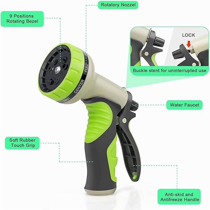 Garden Hose Pipe Spray Gun,High Pressure Anti-Leaking Hose Gun(25FT),9 Adjustable Patterns Garden Hose Nozzle Sprayer with,Suitable for watering plants and lawns,Green,50FT