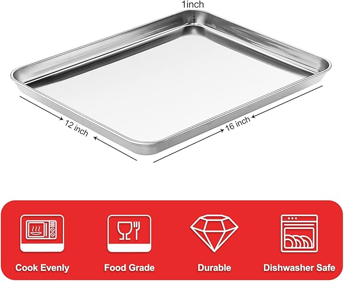Stainless Steel Baking Sheet Cookie Tray, Cookie Sheet for Toaster Oven Baking Pan Tray, Jelly Roll Pan Size 16 x 12 x 1 Inch Easy Clean Non-stick Non-toxic Dishwasher Safe