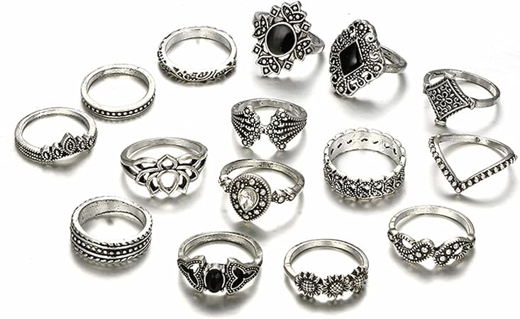 15Pcs Knuckle Rings, Bohemian Style Ladies Ring Rhinestone Inlay Non-fading Jewelry Opening Ring for Women Silver 1.7cm0.67"