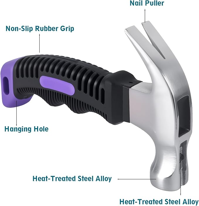 Small Claw Hammer - Mini Hammer for WomenKids, Camping Hammer, Stubby Tack Hammer, Nail Hammer with Magnetic (Purple)