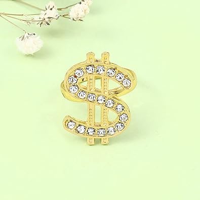 Ring, Crystal Dollar Sign Ring Money Symbol Ring Hip Hop Jewelry Rapper Punk Costume Props Golden Adjustable Open Ring