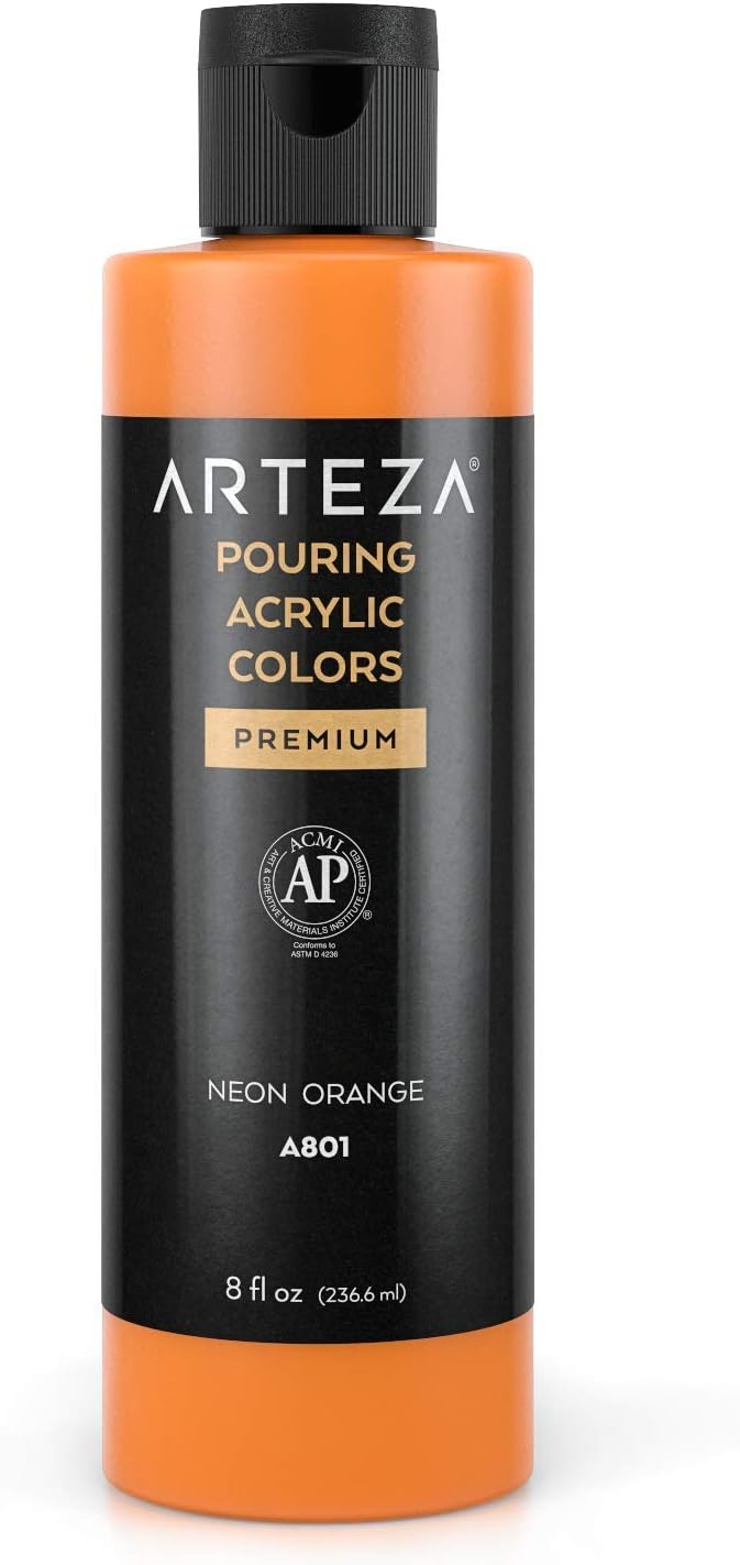ARTEZA Acrylic Pouring Paint, 8 oz (236 ml), A801 Neon Orange, High-Flow Acrylic Paint, No Mixing Needed, Paint for Pouring on Canvas, Glass, Paper, Wood, Tile, and Stones