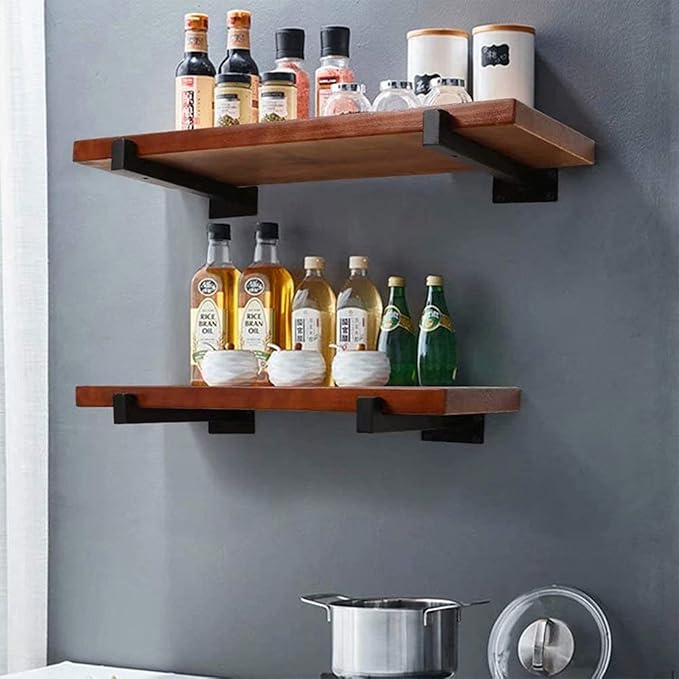 YFZN Black Floating Shelf Supports, Wall Shelf Bracket, Wrought Iron, with Hook, with Mounting Accessories, Saving Space, Strong Bearing Capacity, Ffor Bedroom, Kitchen, Living Room, 2 Pcs