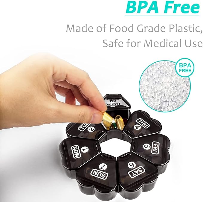 Large Pill Organizer 7 Day, Remtise Portable Daily Pill Cases Medicine Organizer, Weekly Pill Box for PillsVitaminFish OilSupplements and Medication (Black)