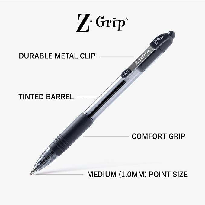 Zebra Pen Z-Grip Retractable Ballpoint Pen, Medium Point, Black Ink, Model Number: 22218, 18-Pack (22218)