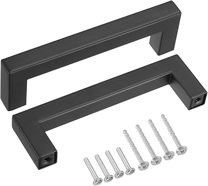 uxcell 5 Pack Square Bar Drawer Handles, 4 Inch Hole Center Modern Drawer Pulls Kitchen Cabinets Pull Stainless Steel Slim Cupboard Pulls, Matte Black