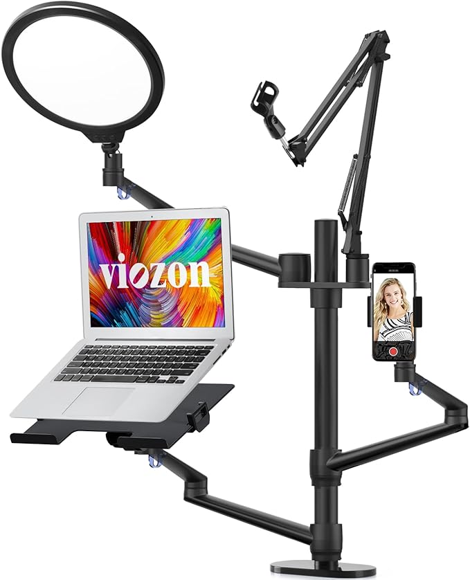 Viozon Selfie Desktop Live Stand Set 6-in-1 10" LED Ring Light Microphone Mount compatible with 12-17" laptop17-32'' monitor7-13 Tablet3.5-6.7" PhoneDigital Camera DSLR Online Teaching Meeting