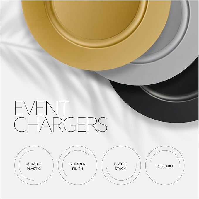 13'' Charger Plates Black Plastic Heavy Duty Disposable Dinner Chargers Serveware Dishes Platters Tableware Pack of 12