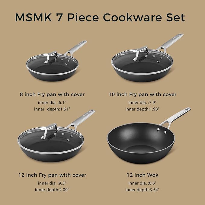 MSMK Non Stick Pans Set 7-Piece, 8, 10, 12 Inch Frying Pans and 12 Inch Induction Wok with Tempered Glass Lids, PRO Heat Distribution, Stay-Cool Handles, Oven Safe 700F, Compatible with All Cooktops