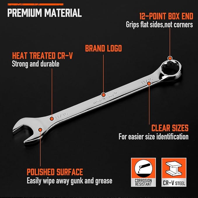 HORUSDY 11-Piece Sae Wrench Set Combination Wrench Set with Organizer 12 Point 14" - 34" Chrome Vanadium Steel