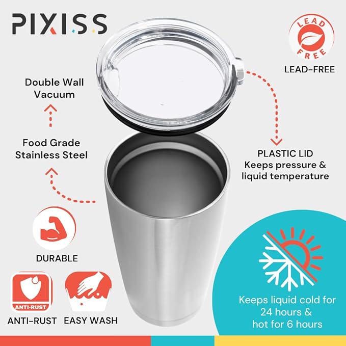 Pixiss 16 oz Stainless Steel Coffee Tumbler - Insulated Travel Mug with Lid - Hot Cold Drinking Cups for Coffee On the Go - BPA Free Lid - Vacuum Insulated Tumbler