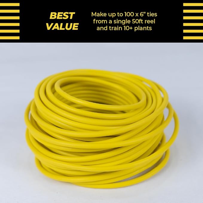 BudHuggers for Optimal Plant Training 50ft (15M) 3mm Thick Garden Wire Ties Flexible Durable Rubber Plant Ties to Yield Bigger Buds, Stronger Branches Larger Canopies (Yellow)