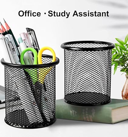 AKOAK 1 Count Desktop Pen Holder, Creative Grid Metal Pen Holder, Round Desktop Accessory and Workspace Organizer for Home, School and Office (Black)