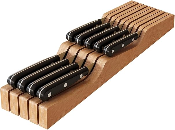 In-Drawer Knife Block Organizer - Bamboo Wood Drawer Knife Holder-Protecting Knife Organizer Block Holds Up To 9 Knives(Not Included)