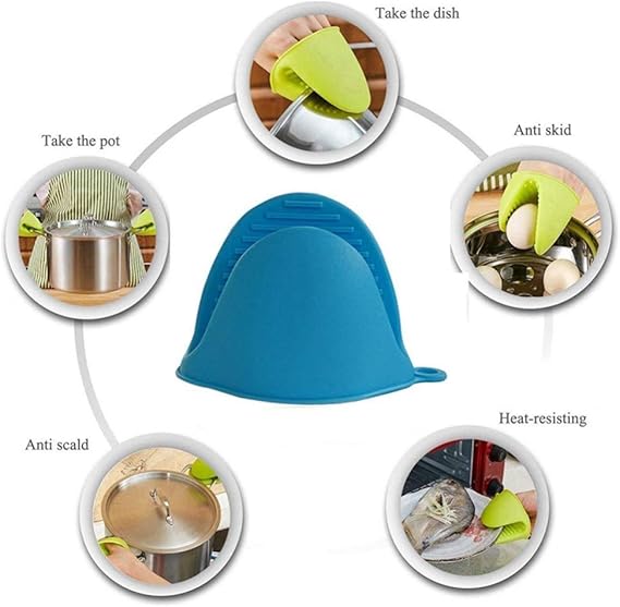 Silicone Mini Oven Gloves Potholder, Heat Resistant Pinch Oven Mitts Pot Holder for Kitchen Cooking Baking, Blue (2 Pack)