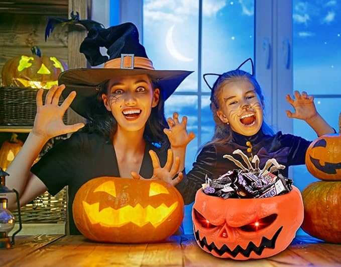 XOYTN XIMISHOP Animated Halloween Skull Bowl, Pumpkin Candy Dish With Creepy Moving Skeleton Hand for Party Decoration