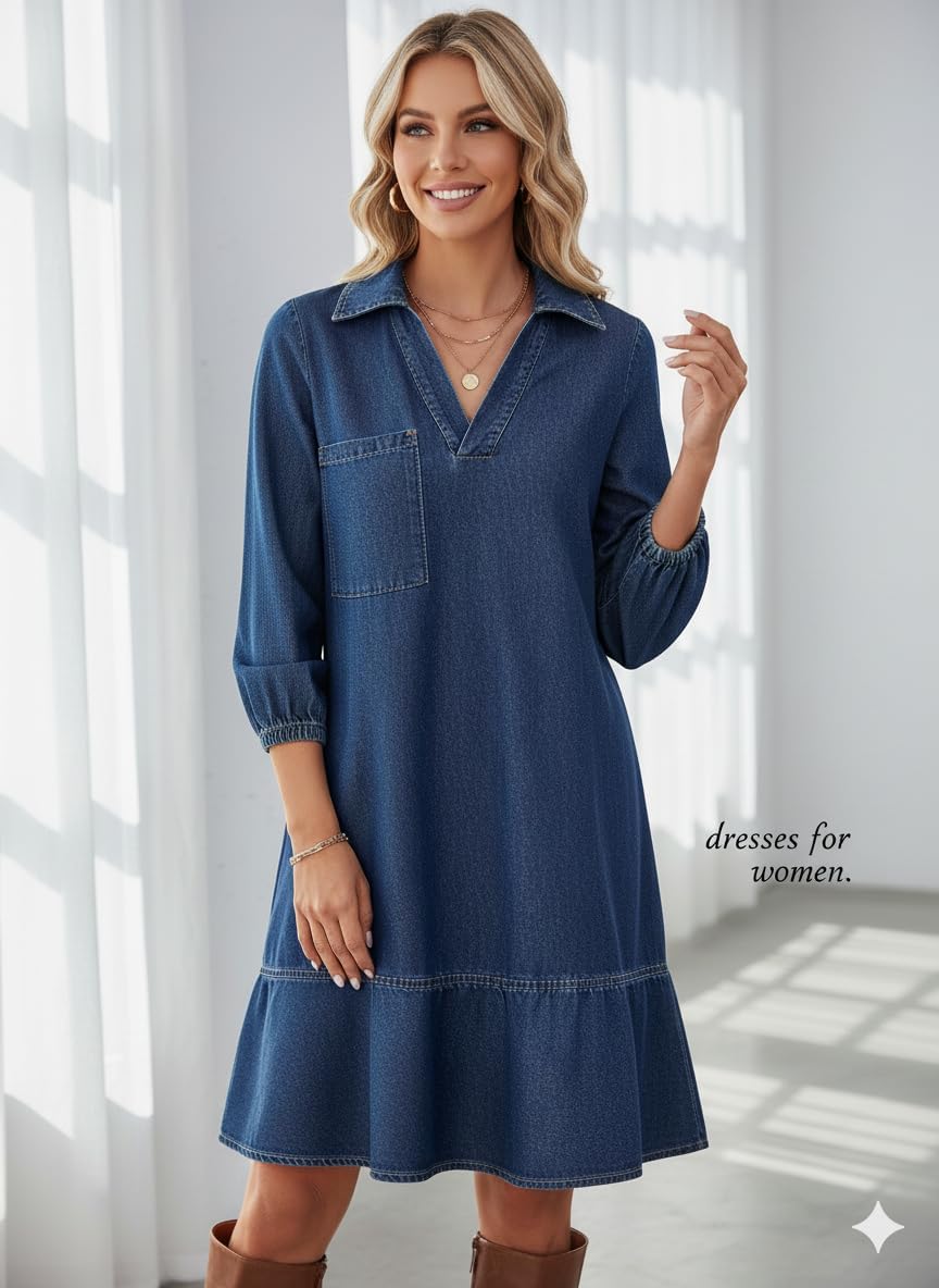 Denim Dress for Women Summer Casual Babydoll 2026 V Neck 3/4 Puff Sleeve Jean Dresses