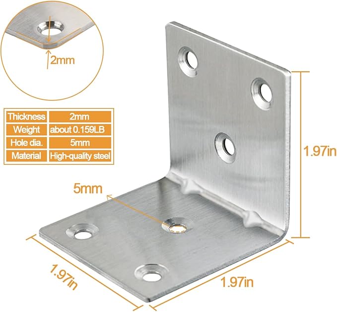 20PCS L Brackets Corner Bracket 2"x2"x2", Heavy Duty Corner Brace for Wood, Right Angle Brackets, 50MM 2Inch Wide 90 Degree Bracket for Wooden Frame Furniture Shelves Chairs