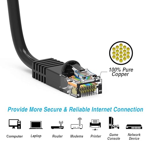 Cat5e Ethernet Patch Cable 5ft Black with Gold Plated RJ45 Connectors Ai 350 MHz High Performance Patch Cord Ai 4 UTP 24 AWG Stranded Copper Pure Conductors with PVC Jacket