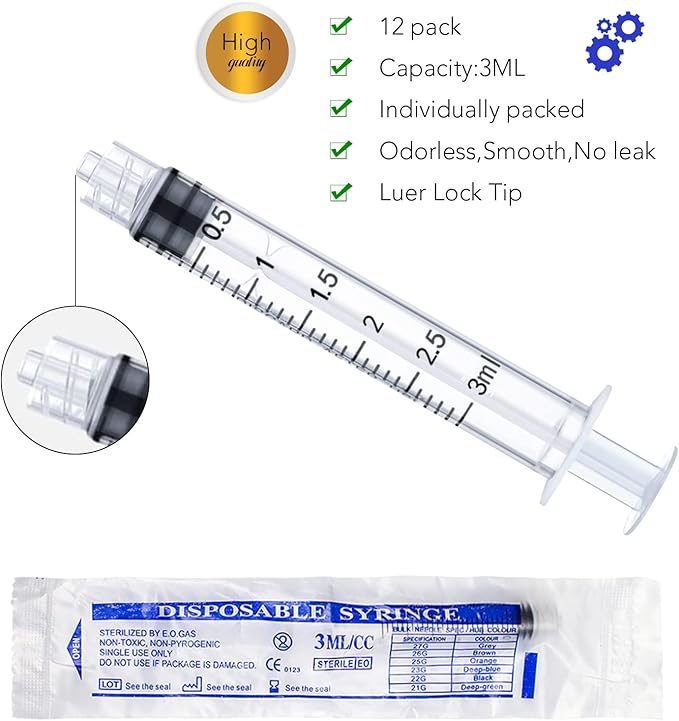12 Pack 3ml Plastic Luer Lock Syringe, Measuring Syringe Individually Sealed for Scientific Labs, Measuring Liquids, Feeding Pets, Oil or Glue Applicator (3ml, 12)