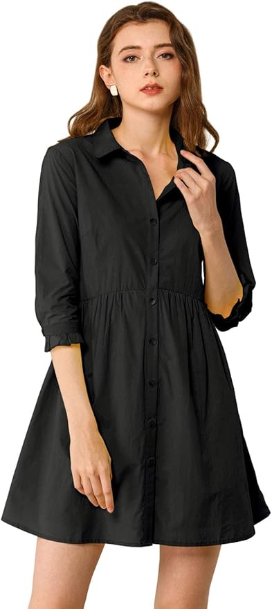 Allegra K Women's Shirt Dress Button Down 3/4 Sleeve School Work Mini Casual Shirtdresses